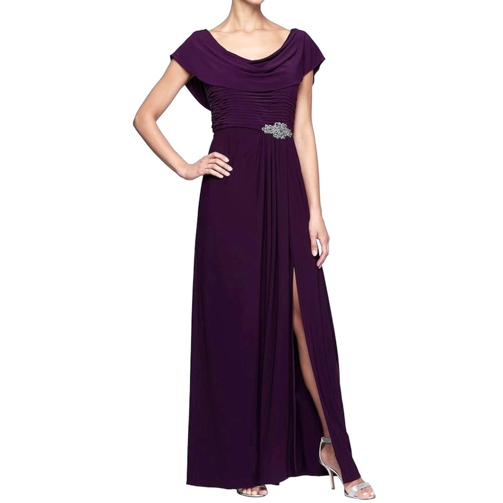 NWT Alex Evening Purple Cowl Neck A Line Sleeveless Stretch Formal Maxi Dress 10